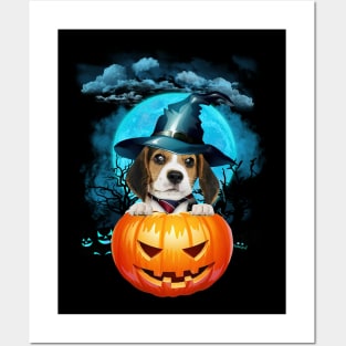 Beagle Witch Hat Pumpkin And Blue Moon Halloween Posters and Art